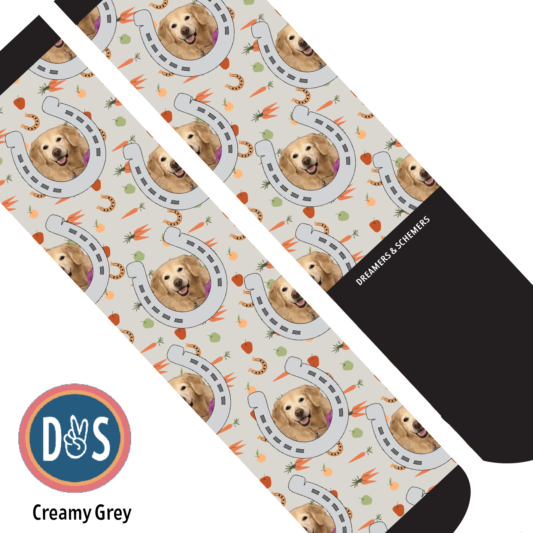 Custom AL Custom Socks Adult / Creamy Grey Custom Horseshoe with Stable Snackies Socks 1 Photo equestrian boot socks boot socks thin socks riding socks pattern socks tall socks funny socks knee high socks horse socks horse show socks