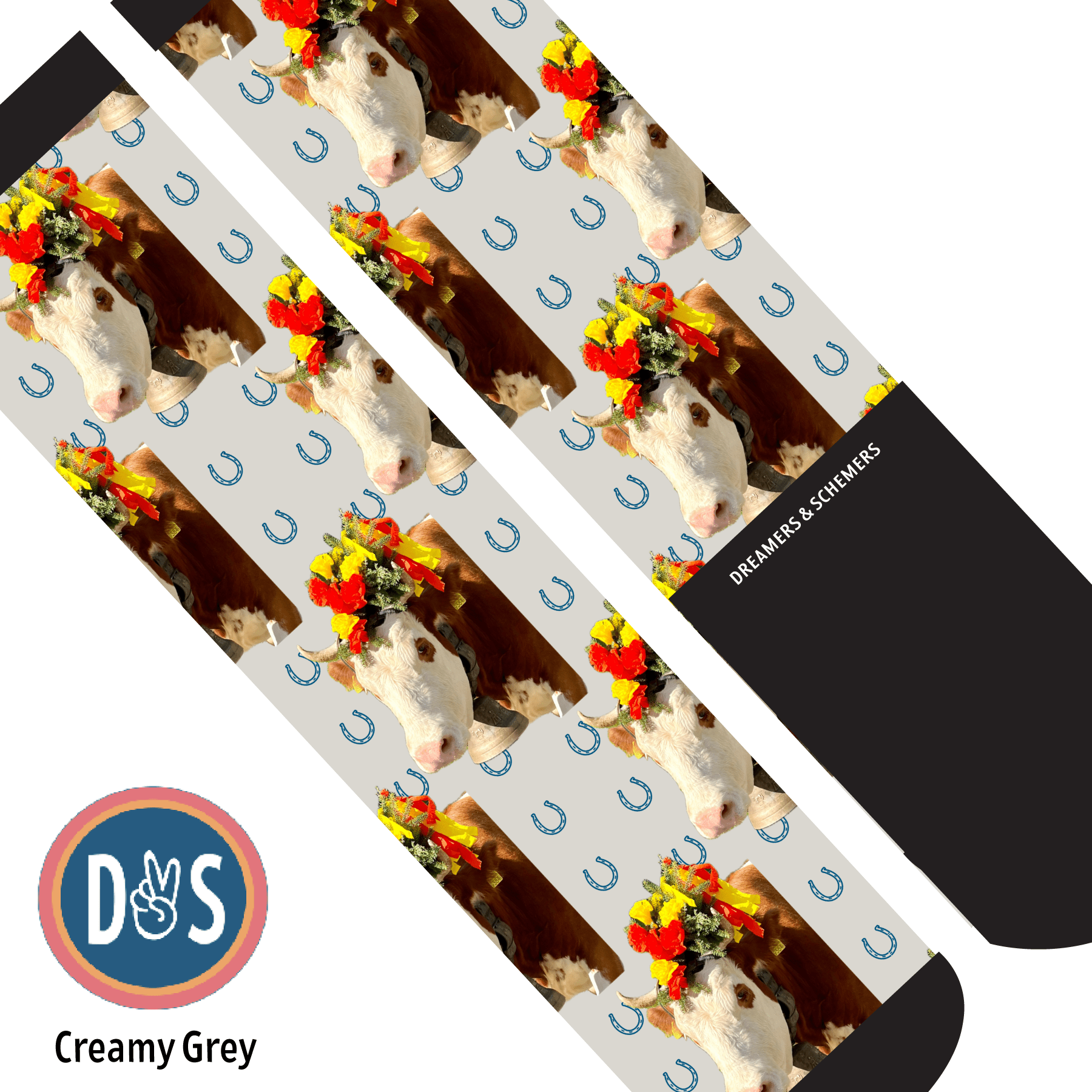 Custom AL Custom Socks Adult / Creamy Grey Custom Solo with Blue Horseshoes Socks 1 Photo equestrian boot socks boot socks thin socks riding socks pattern socks tall socks funny socks knee high socks horse socks horse show socks