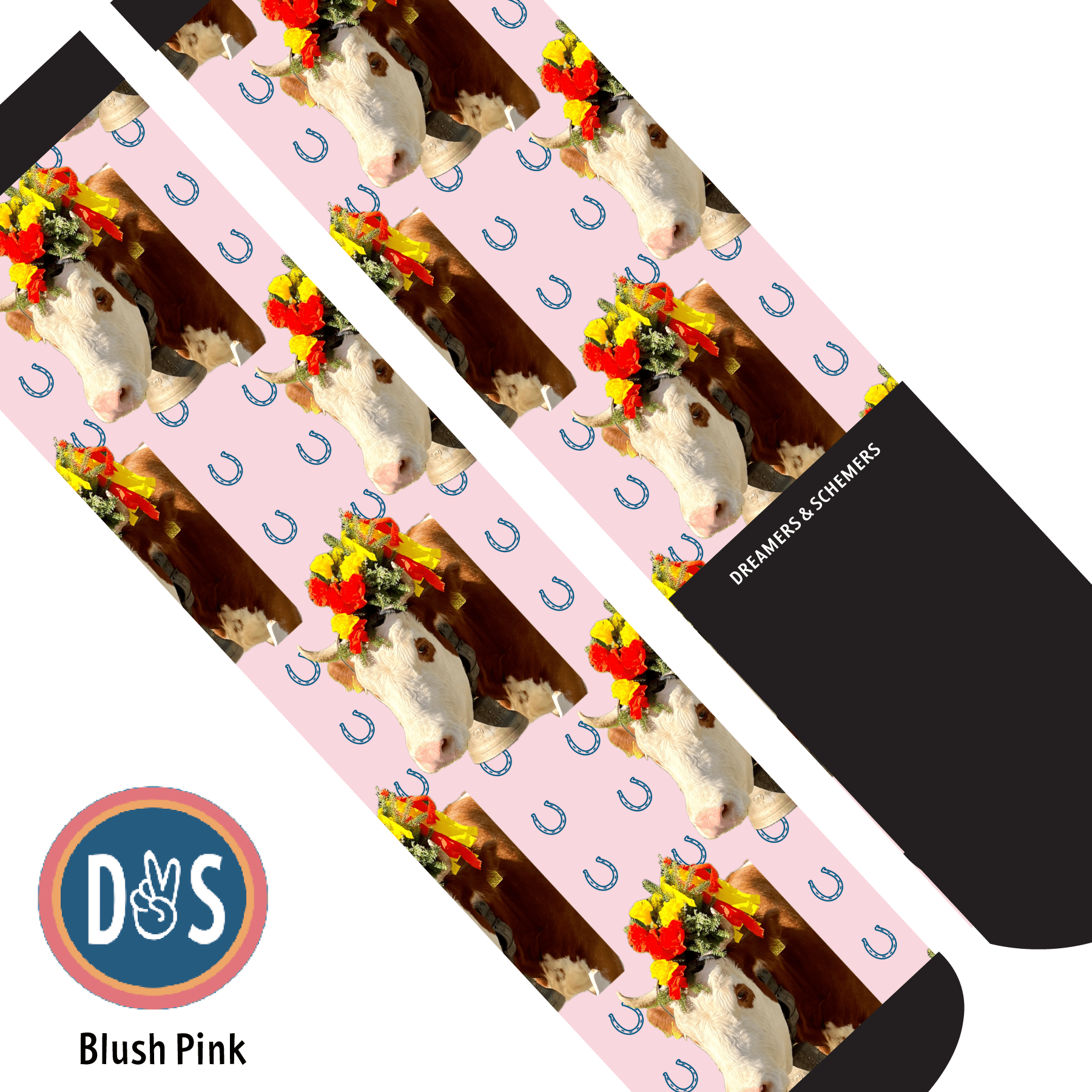 Custom AL Custom Socks Adult / Blush Pink Custom Solo with Blue Horseshoes Socks 1 Photo equestrian boot socks boot socks thin socks riding socks pattern socks tall socks funny socks knee high socks horse socks horse show socks