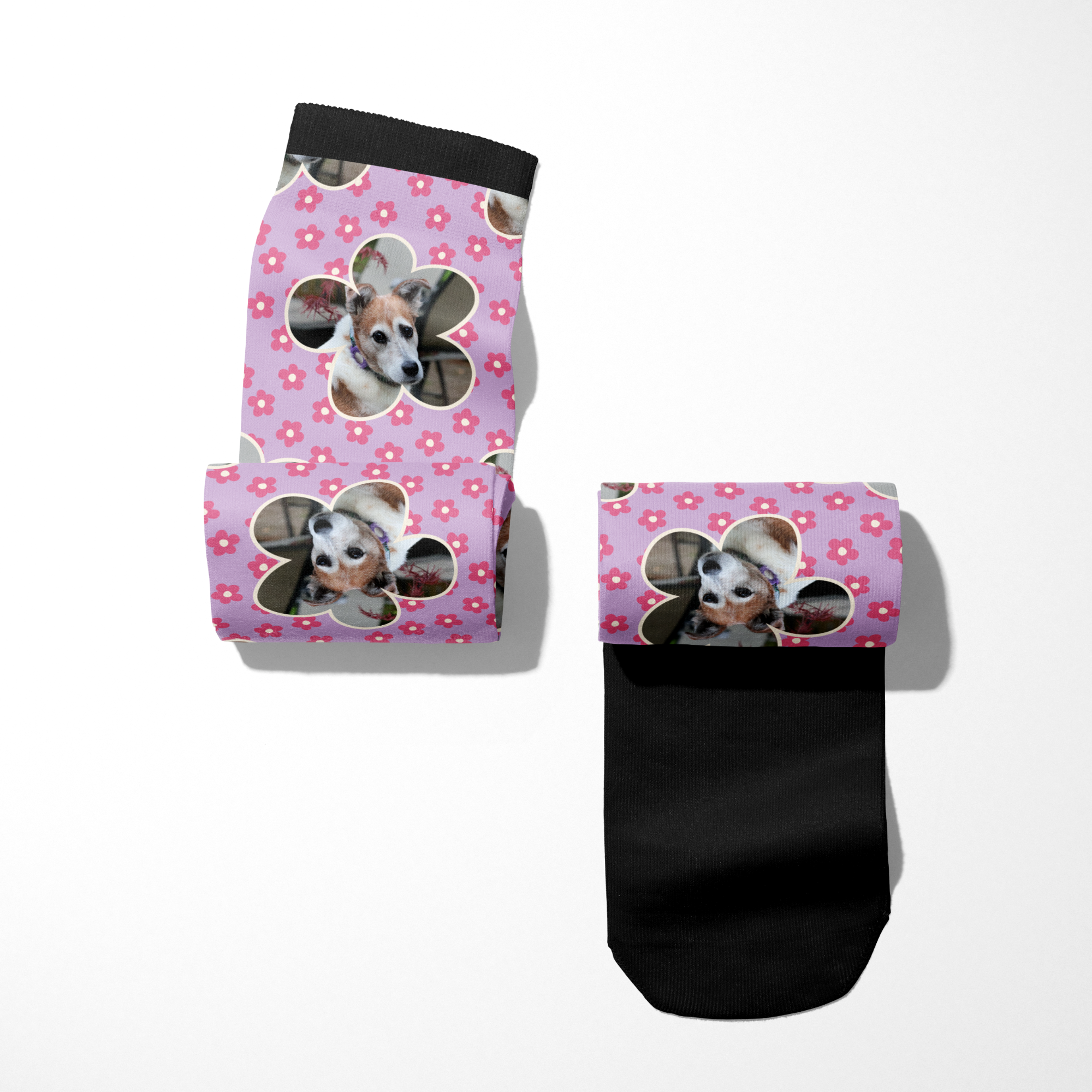 Custom Flower with Pinky Petals Socks featuring a personalized photo of a dog on pink floral background and black soles