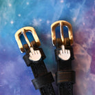 Da Bird Spur Straps ManeJane black leather spur straps with non-stretch interior and stainless steel buckle for English rid.