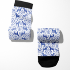 Limited Edition Pony Island Dala Horses Socks with blue folk-art pony design and black cuffs