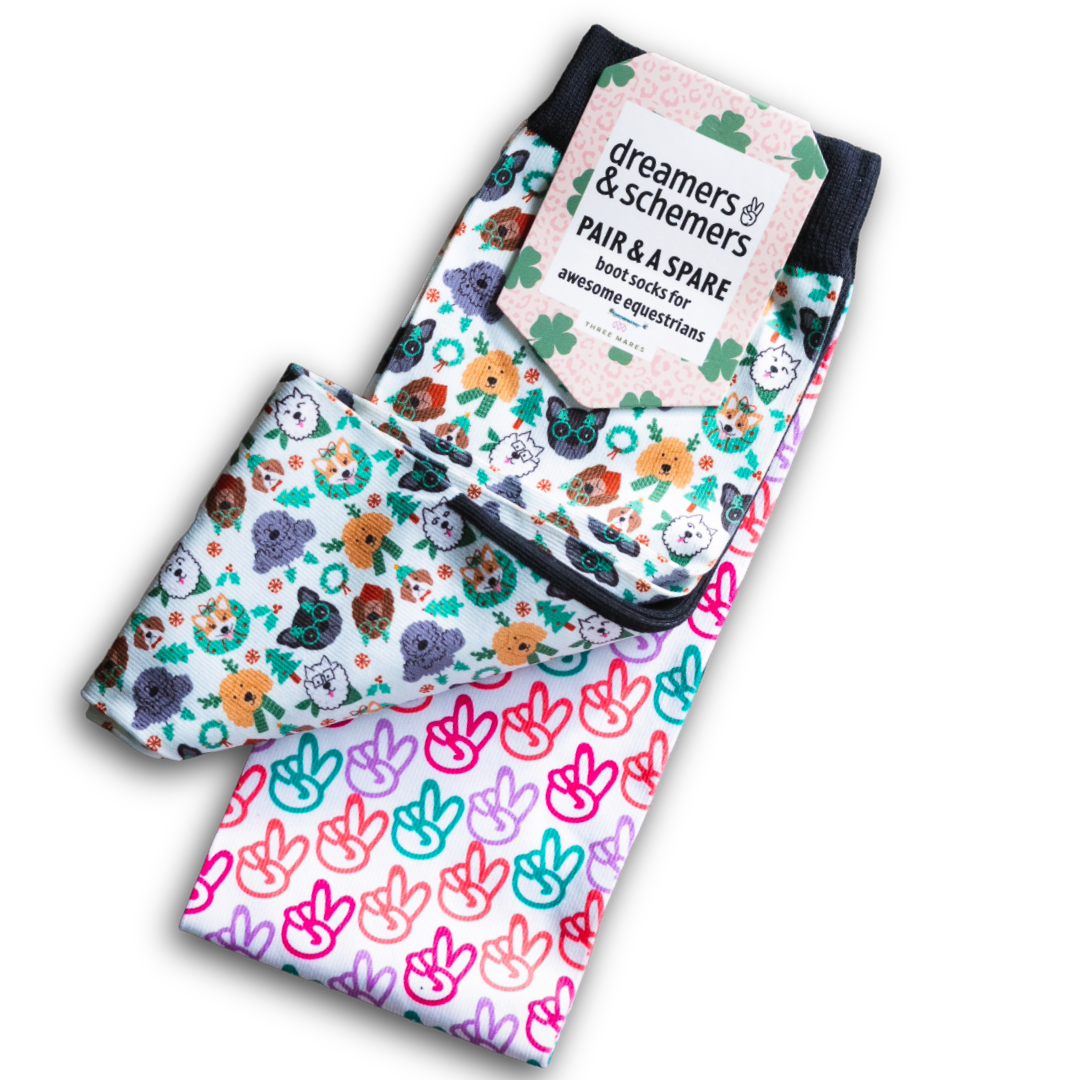Deck the Paws Pair & A Spare holiday riding boot socks with dog and peace sign designs