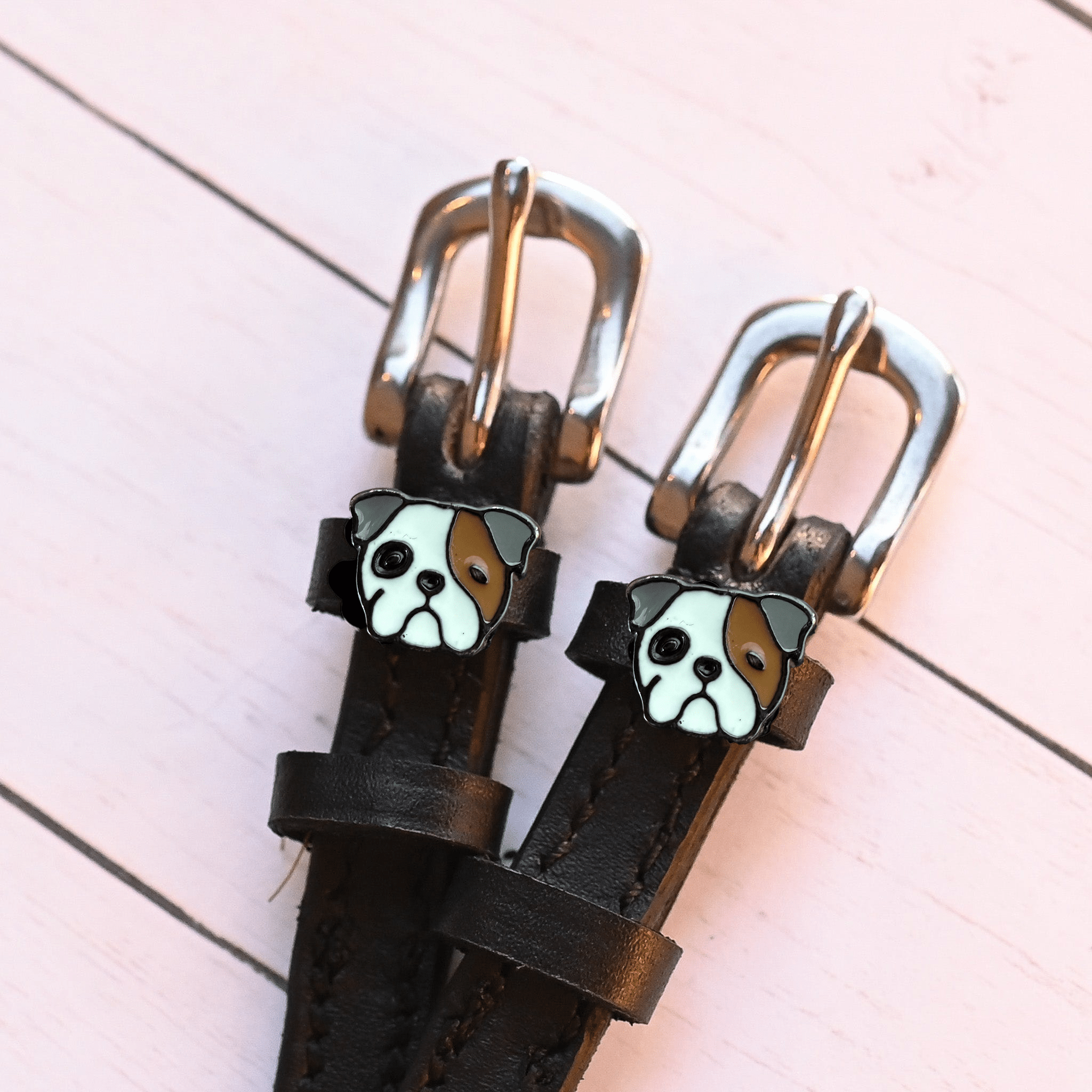 Dog - Bulldog Spur Straps ManeJane black leather spur straps with non-stretch interior and stainless steel buckle for Engli.