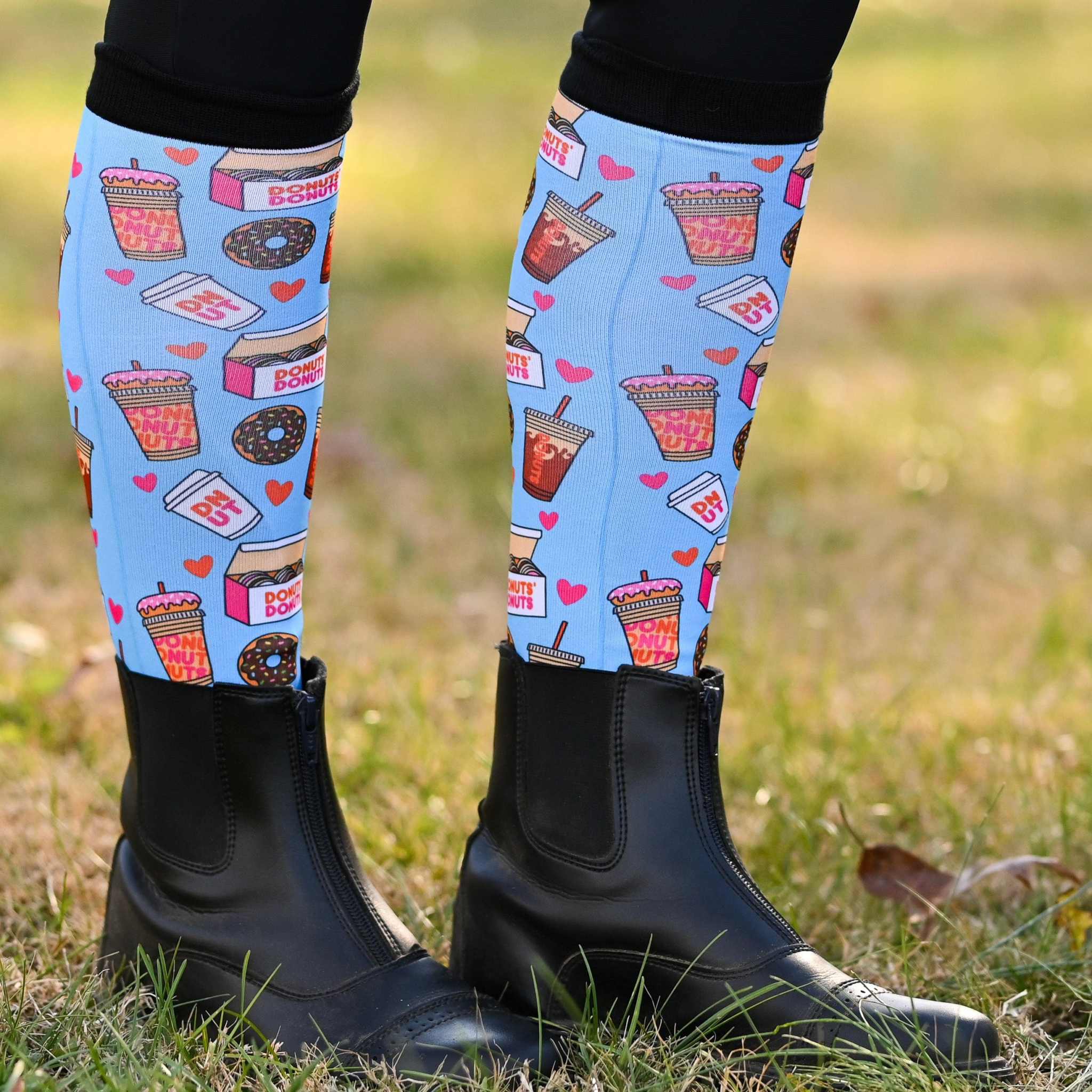 Donuts Pair & a Spare equestrian boot socks, showing the full pattern layout