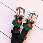 Dumpster Fire Spur Straps ManeJane black leather spur straps with non-stretch interior and stainless steel buckle for Engli.
