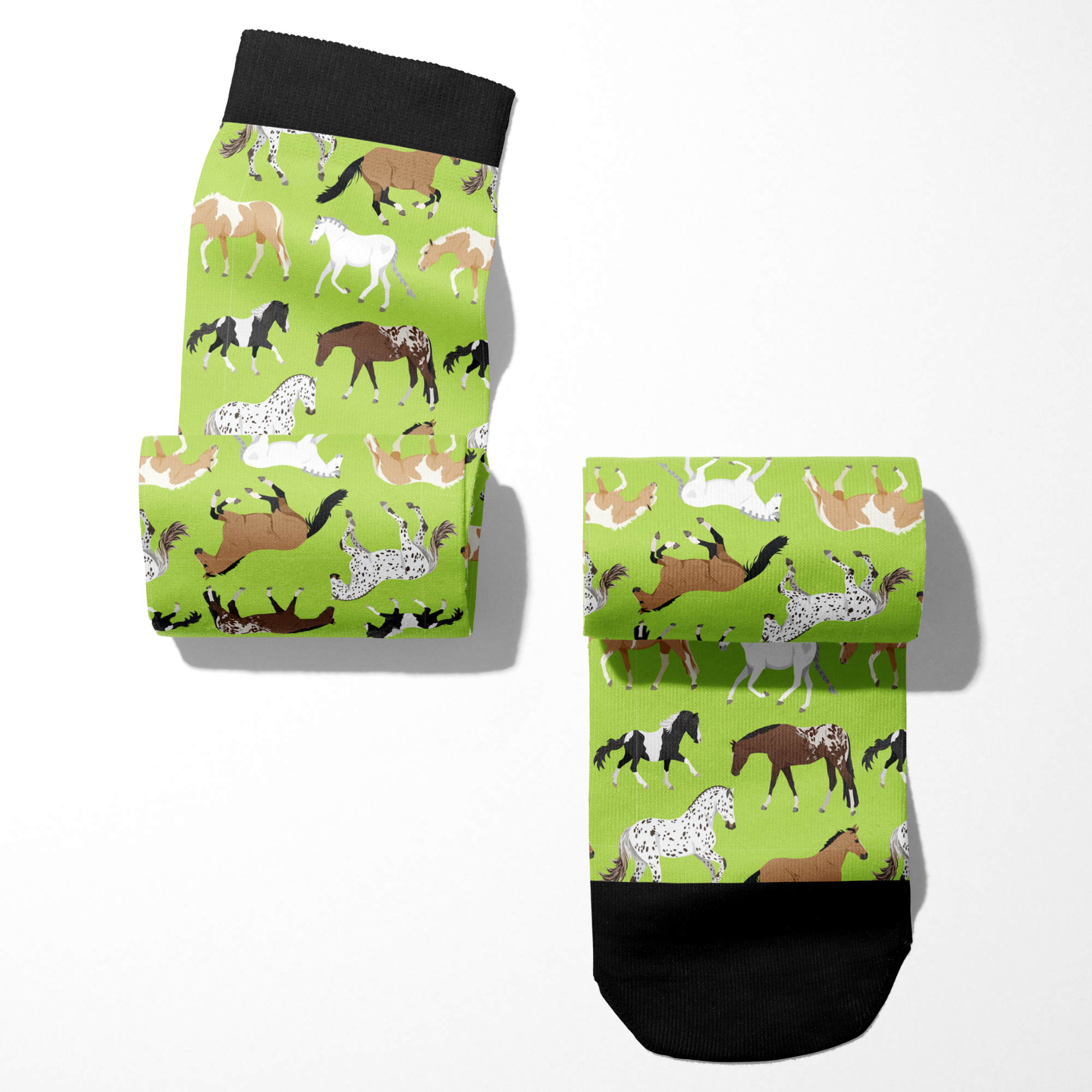 Limited Edition Pony Island Neon Ponies Socks with colorful horse patterns on green background and black cuffs, made in the USA boot socks