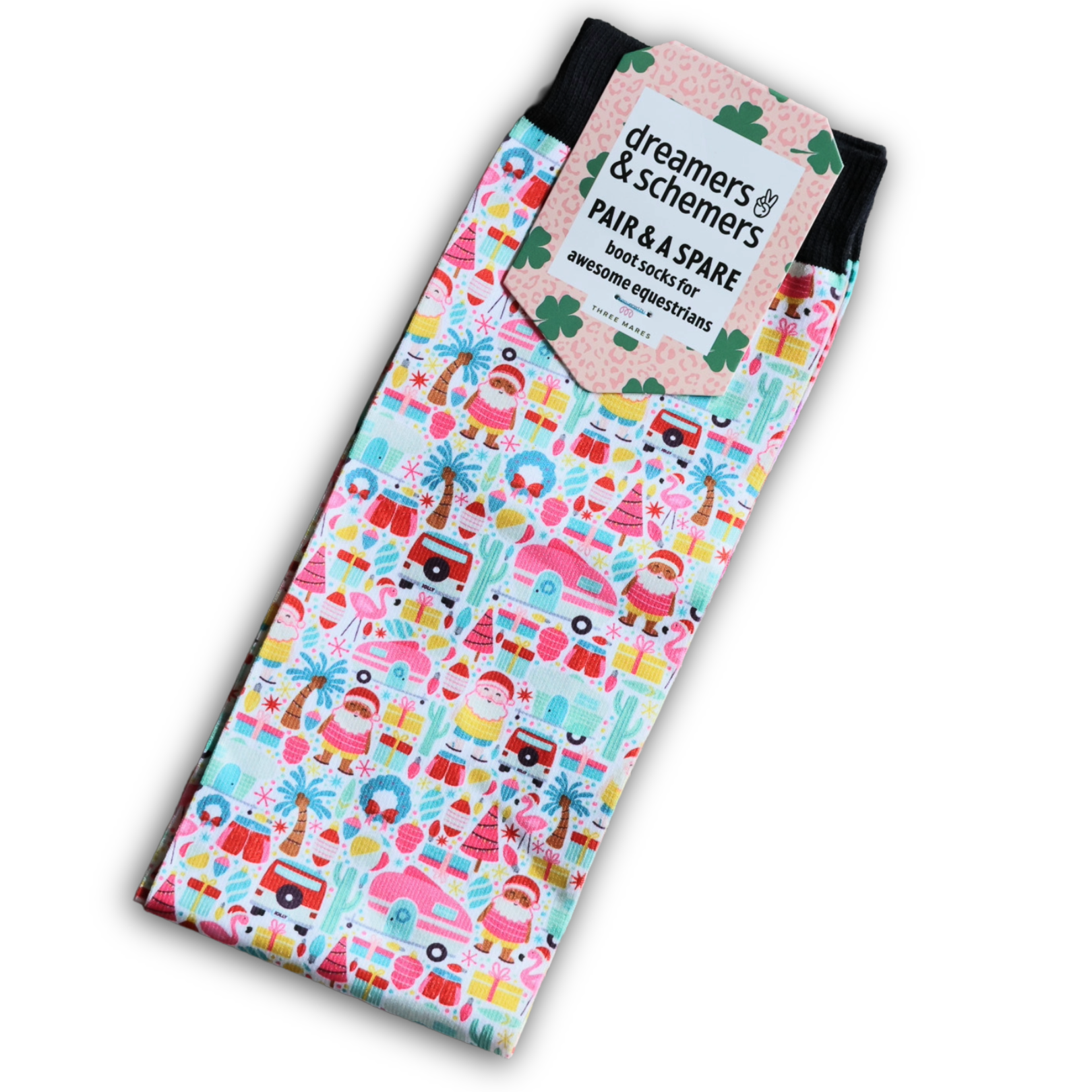 Deck the Palms colorful holiday riding socks with extra spare sock included