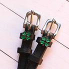 Four Leaf Clover Spur Strap ManeJane black leather spur straps with non-stretch interior and stainless steel buckle for Eng.