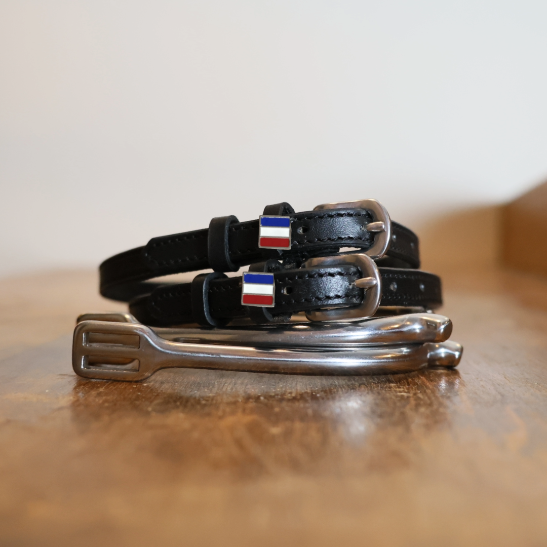 Black leather France flag spur straps with stainless steel buckle and custom charm