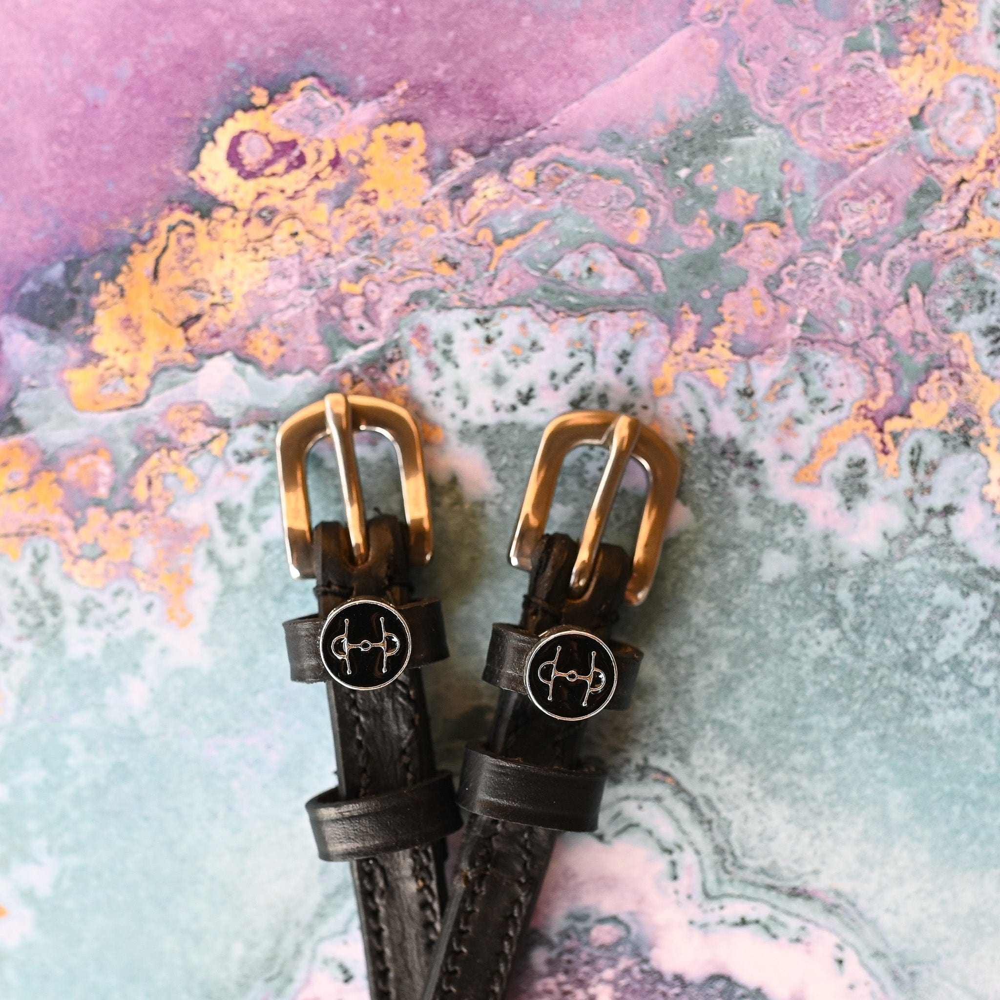 Full Cheek Spur Straps ManeJane black leather spur straps with non-stretch interior and stainless steel buckle for English .