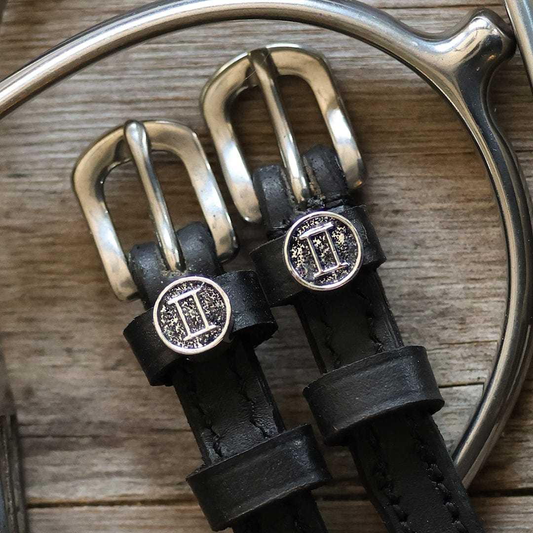 Gemini Spur Straps black leather with stainless steel buckles and custom Gemini charm