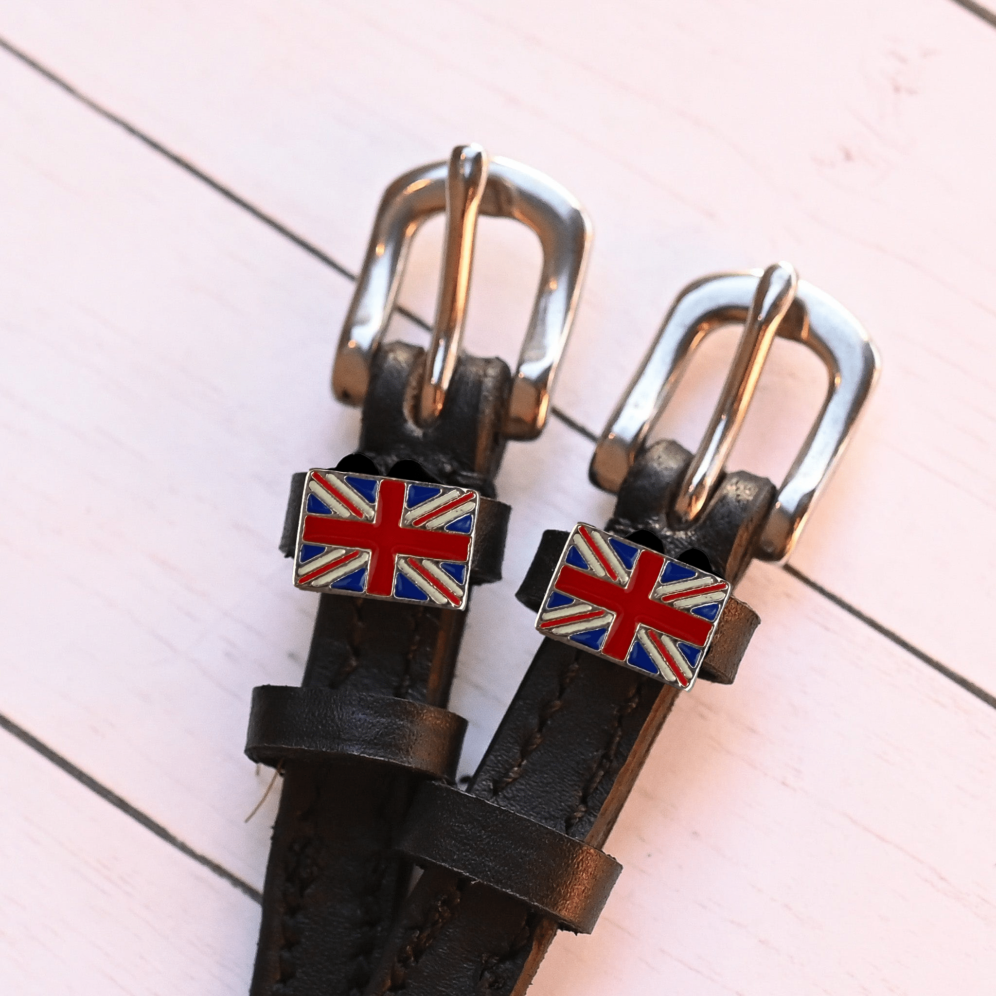 Black leather Great Britain flag spur straps with stainless steel buckle and custom charm