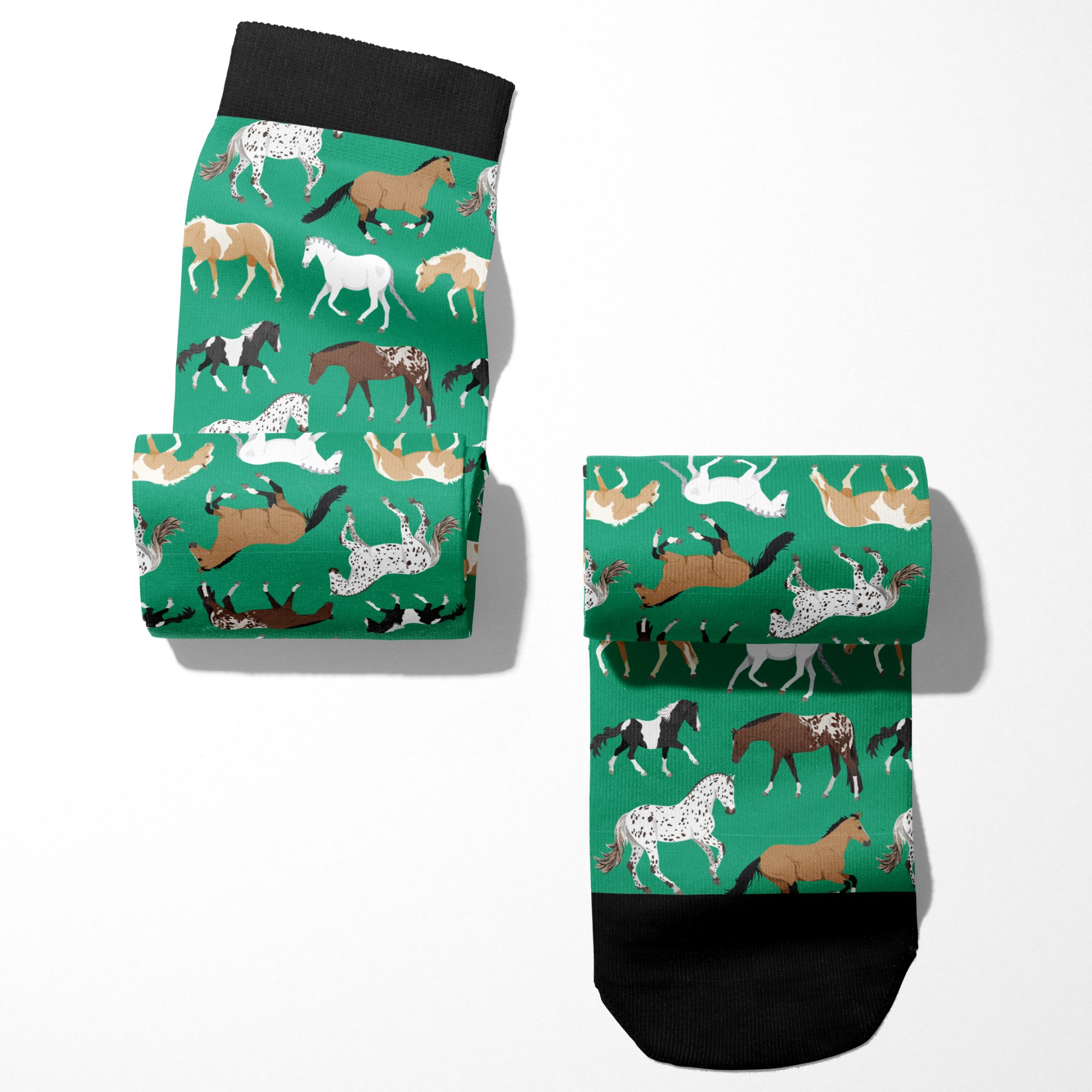 Limited Edition Pony Island green boot socks with colorful horse patterns, made in USA.
