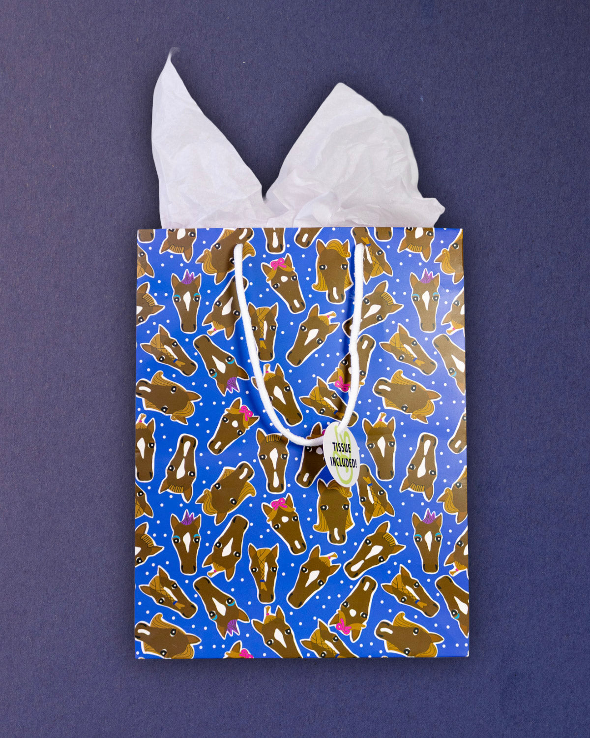 Hairy Styles medium gift bag front-on against navy, Tissue Included tag hanging from the rope handle.