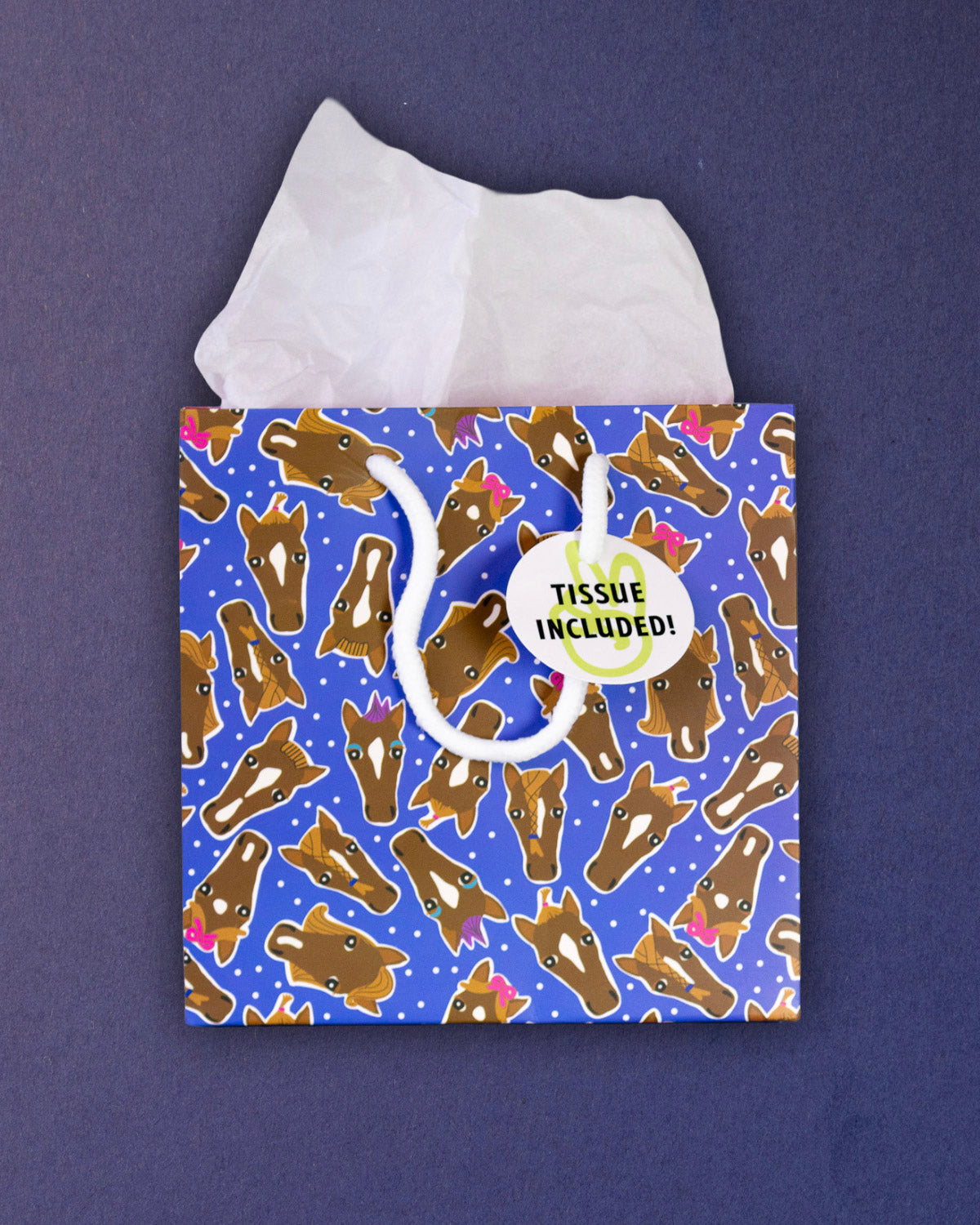 Hairy Styles small gift bag front-on, Tissue Included tag resting on the square blue pony panel.