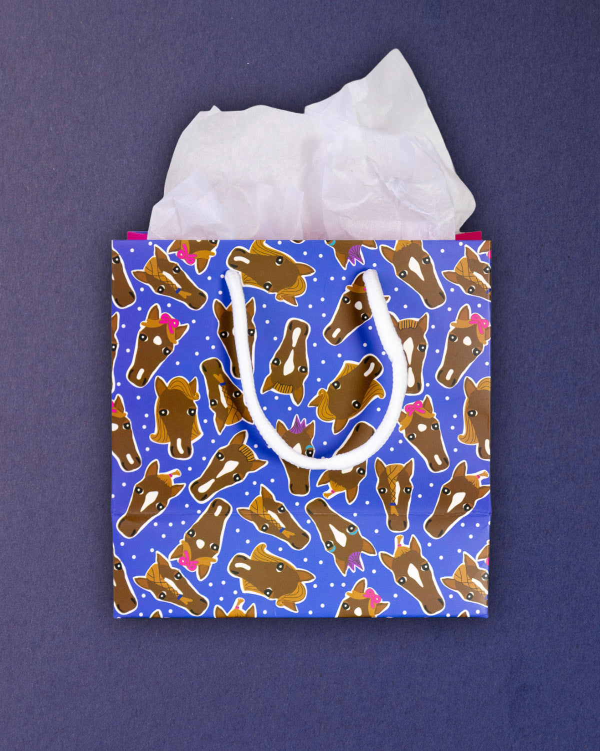 Hairy Styles small gift bag front-on without a tag, blue print of braided and bowed pony faces.