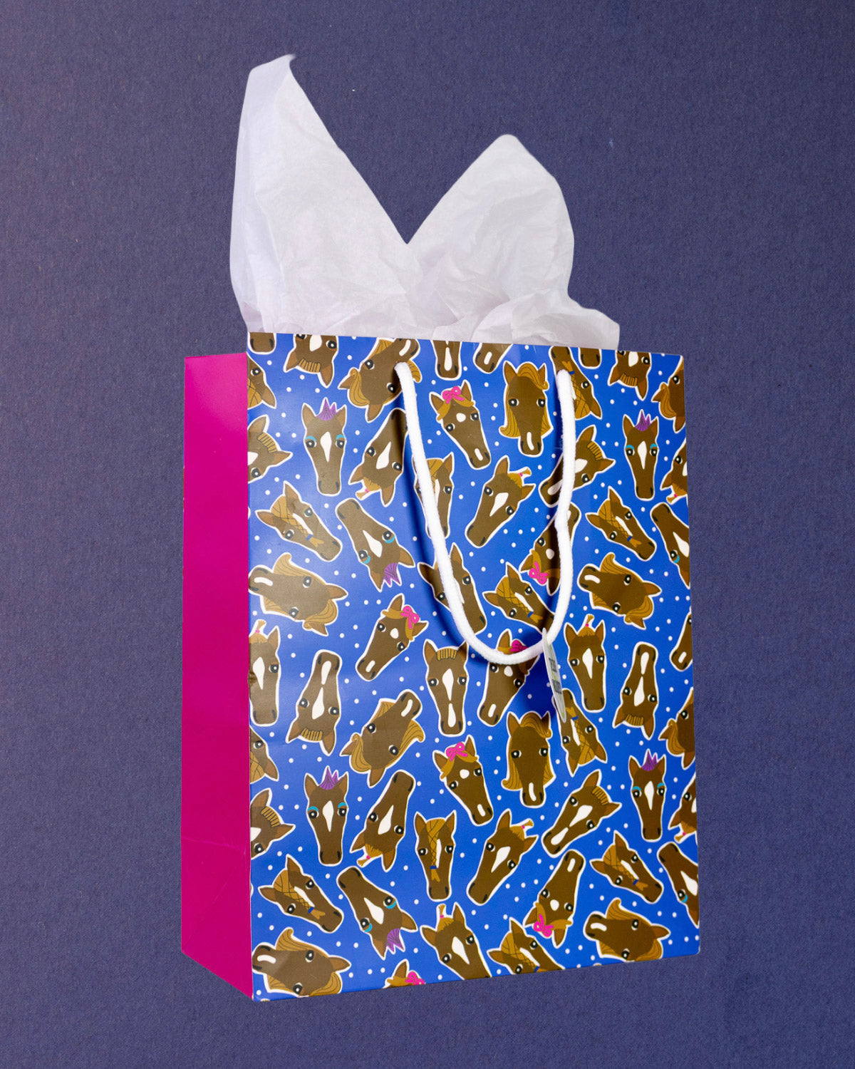 Hairy Styles medium gift bag angled to show the hot pink side gusset at left beside the blue front.