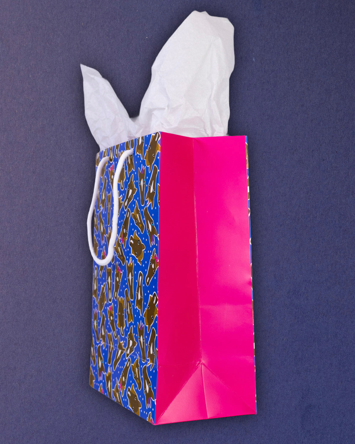 Hairy Styles medium gift bag tipped to the right, pink gusset and the triangular base fold in view.