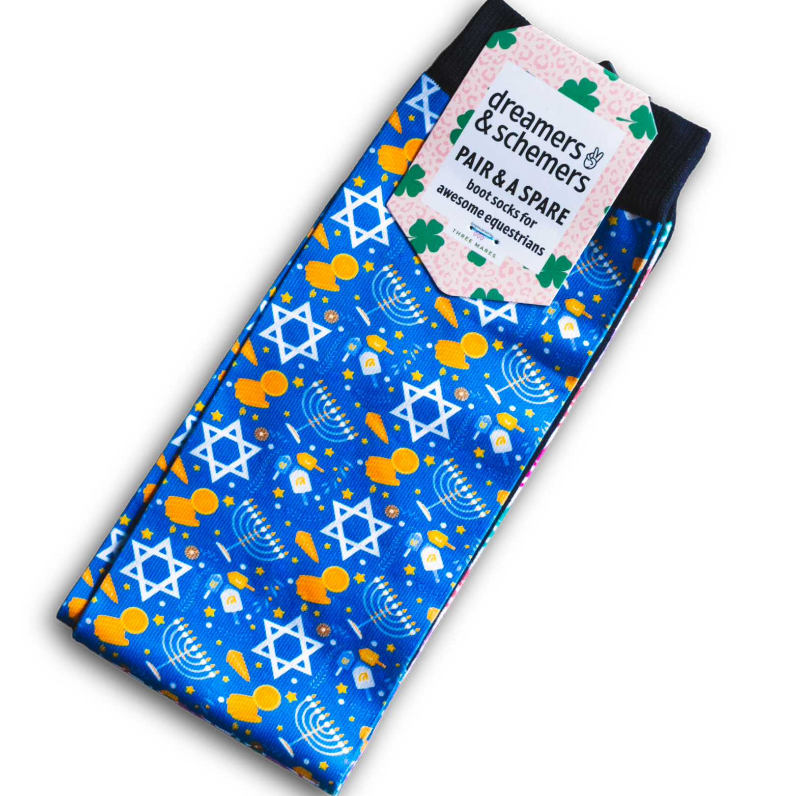 Blue Hanukkah-themed riding socks with dreidel and menorah pattern, pair & spare included