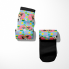 Custom Heart with Lucky Treats Socks featuring personalized dog photo and colorful pattern on blue background