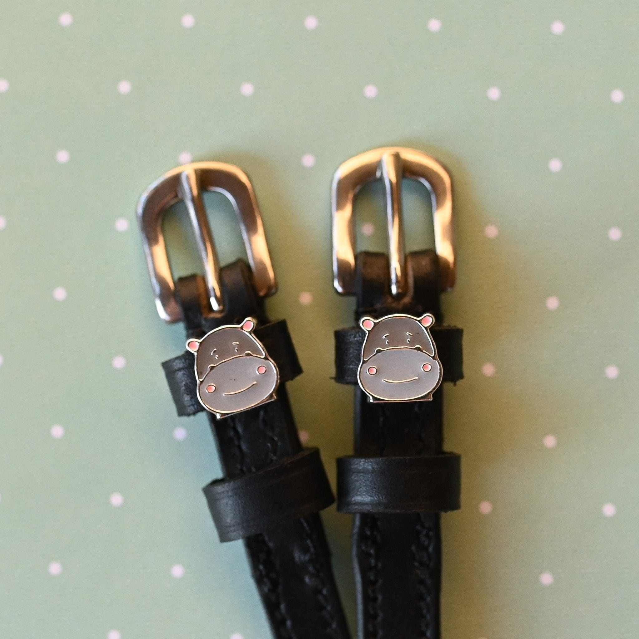 Hippo Face Spur Straps ManeJane black leather spur straps with non-stretch interior and stainless steel buckle for English .