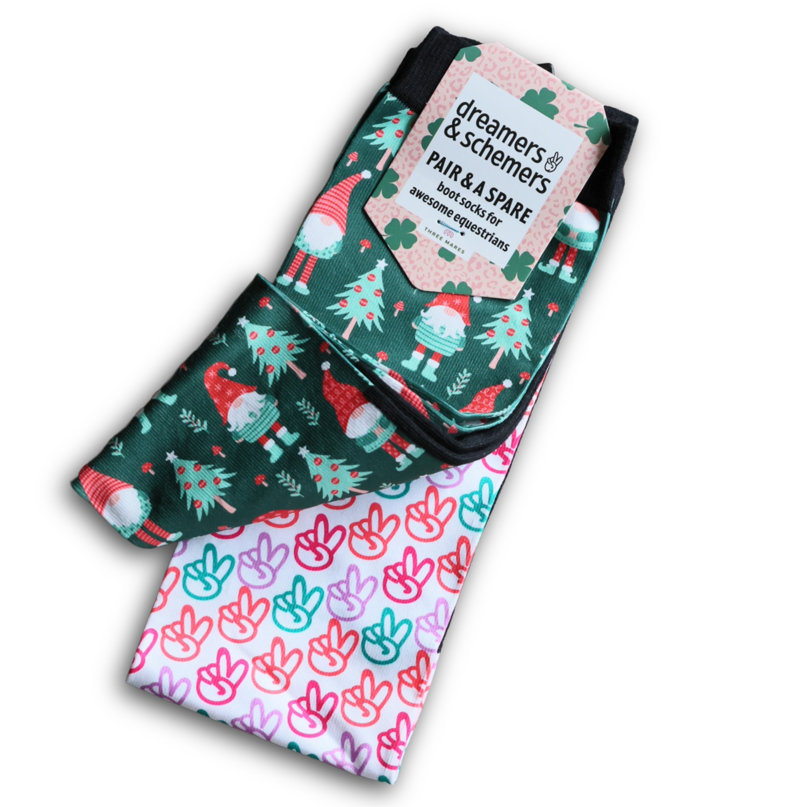 holiday-themed boot socks with gnome and peace sign designs by Pair & A Spare