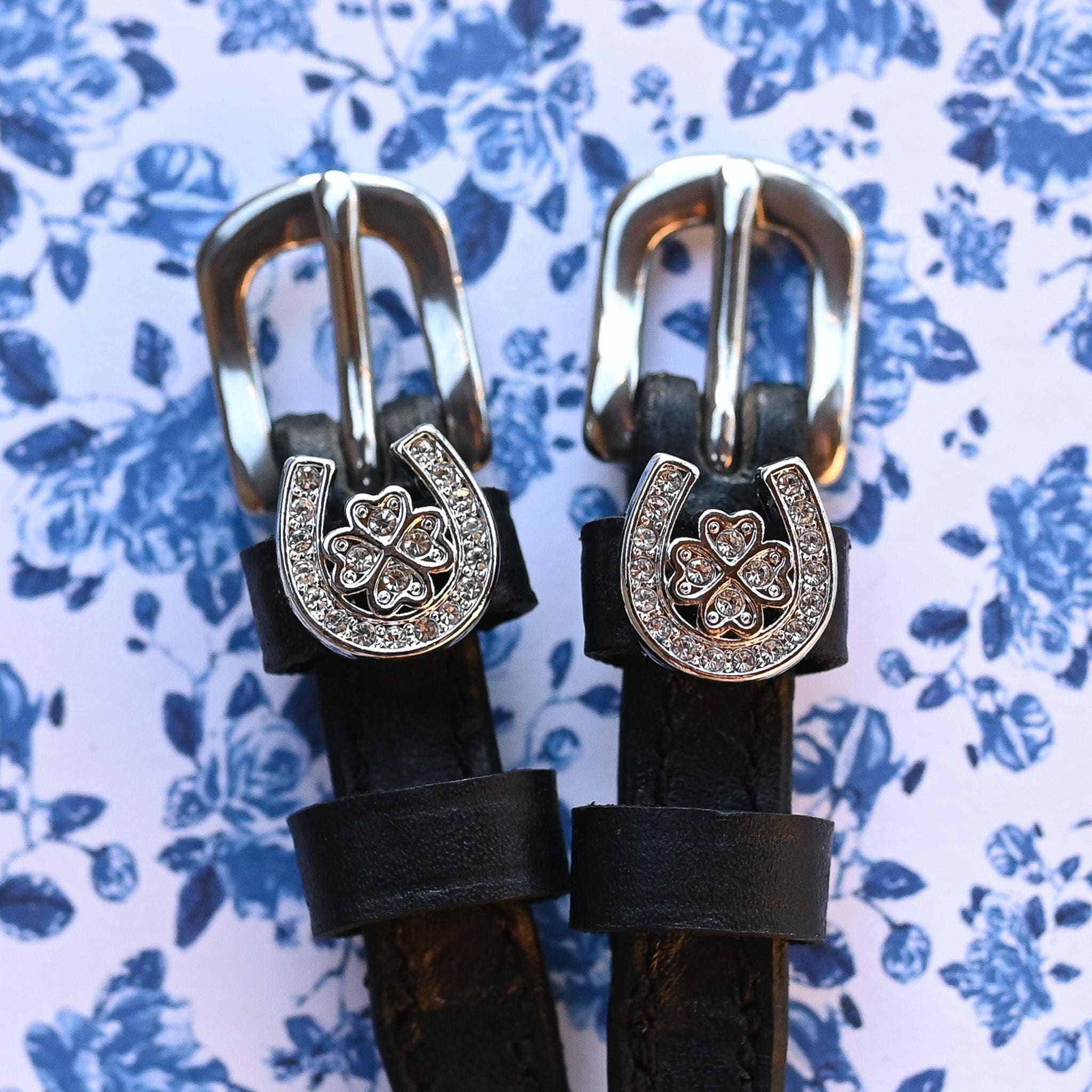 Horse Shoe Clover Spur Straps ManeJane black leather spur straps with non-stretch interior and stainless steel buckle for E.