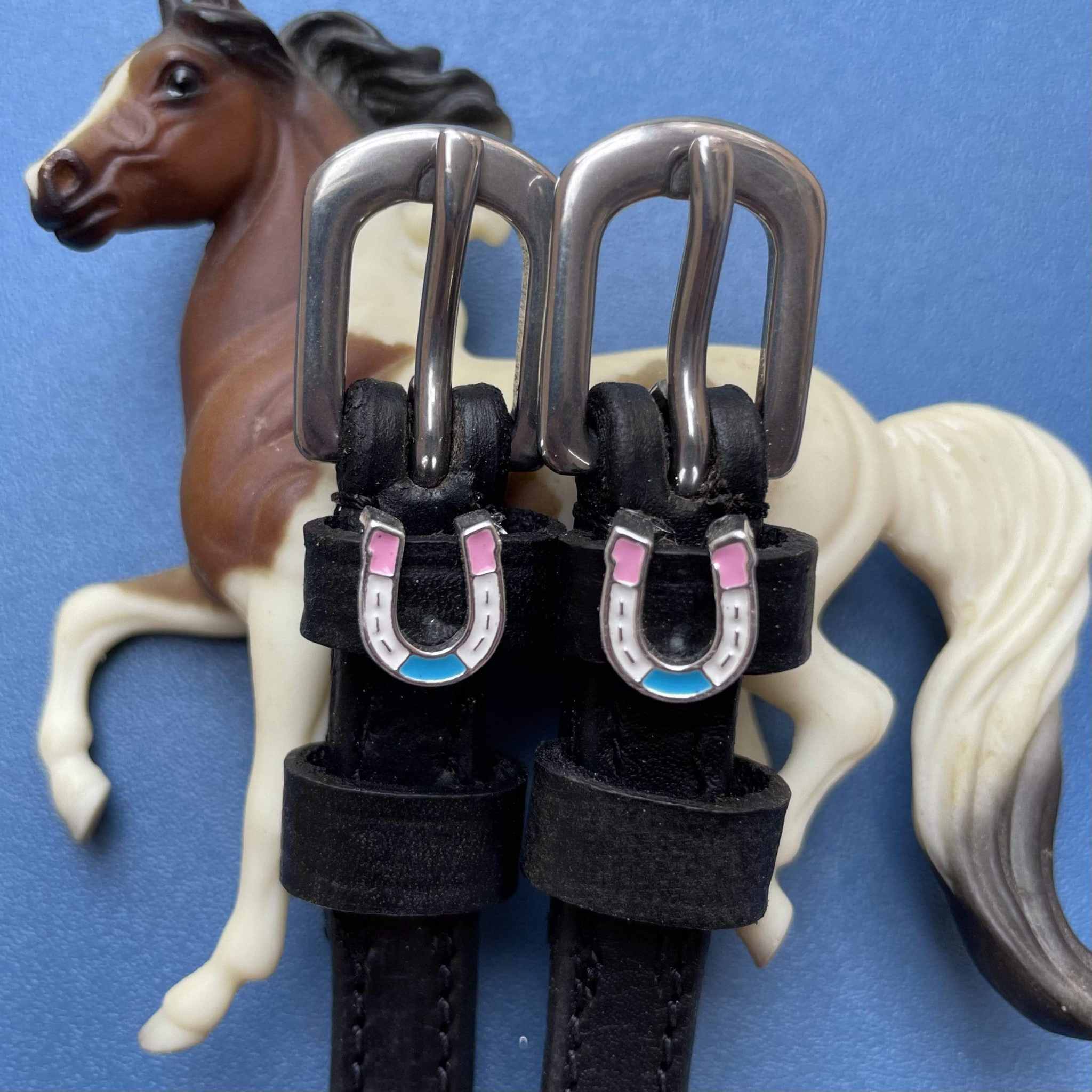 ManeJane Spur Straps Pink/White/Blue Horse Shoe Party Spur Straps equestrian boot socks boot socks thin socks riding socks pattern socks tall socks funny socks knee high socks horse socks horse show socks