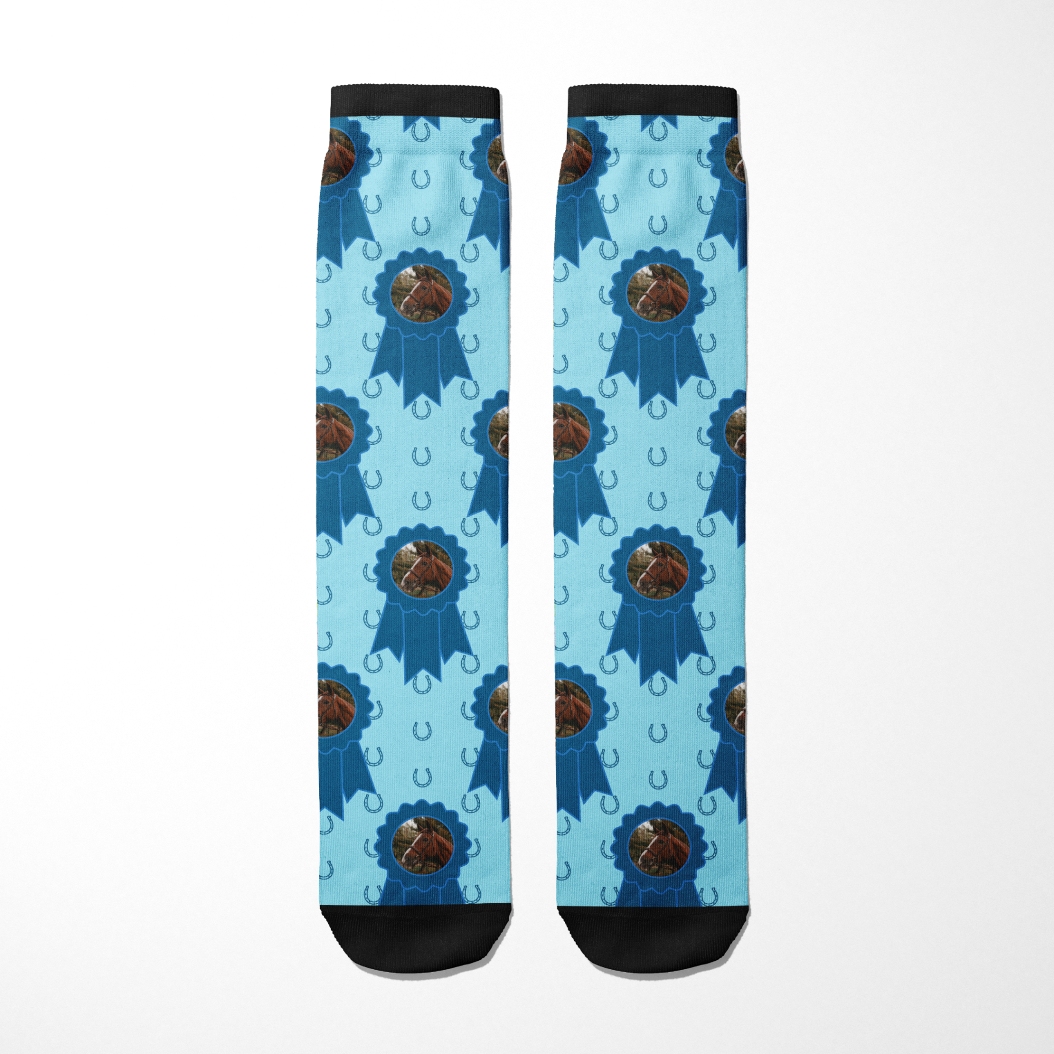 Custom blue ribbon socks with horse photo and horseshoe pattern custom sock with photo