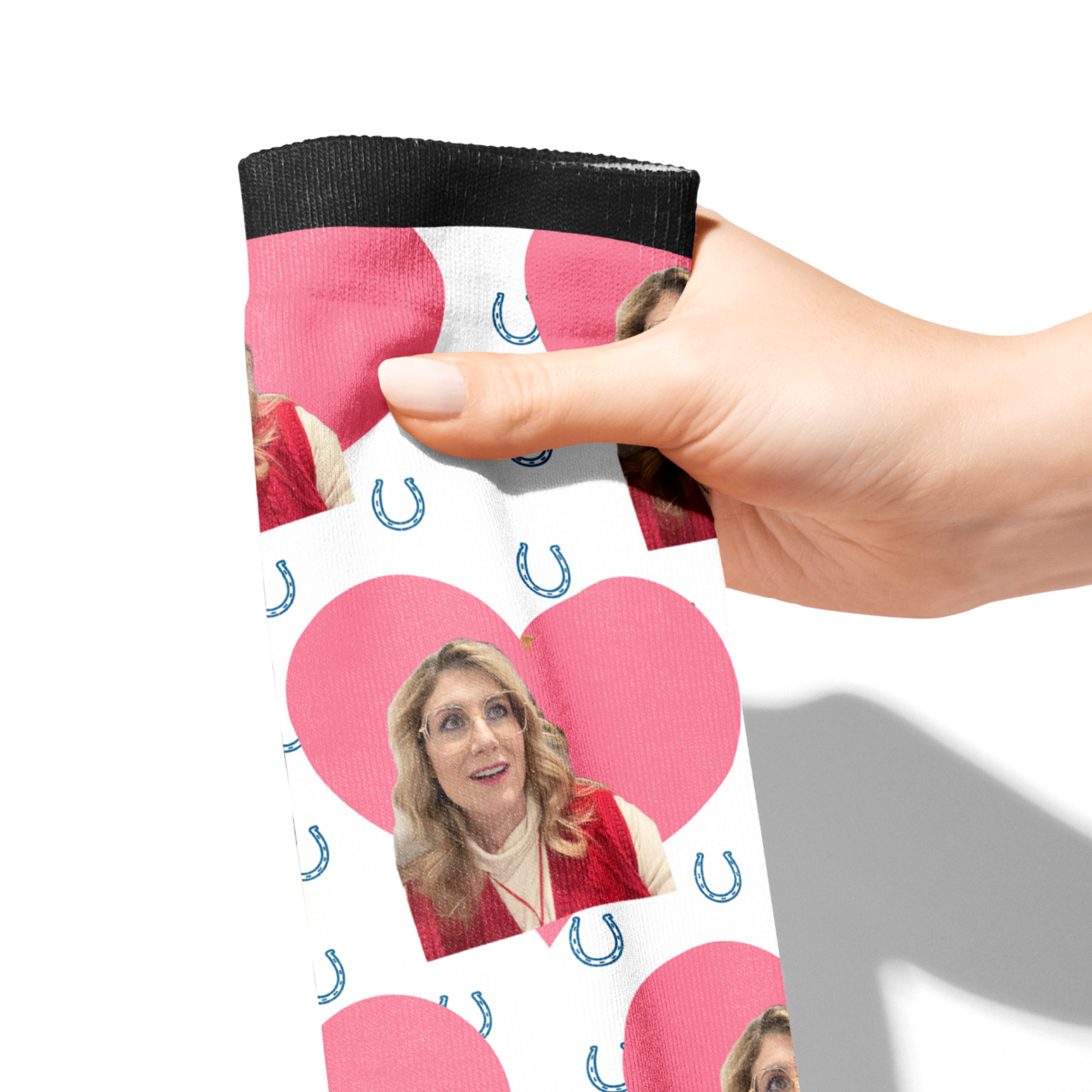 Custom socks with pink heart and blue horseshoes pattern featuring a personalized photo, made of cotton blend.