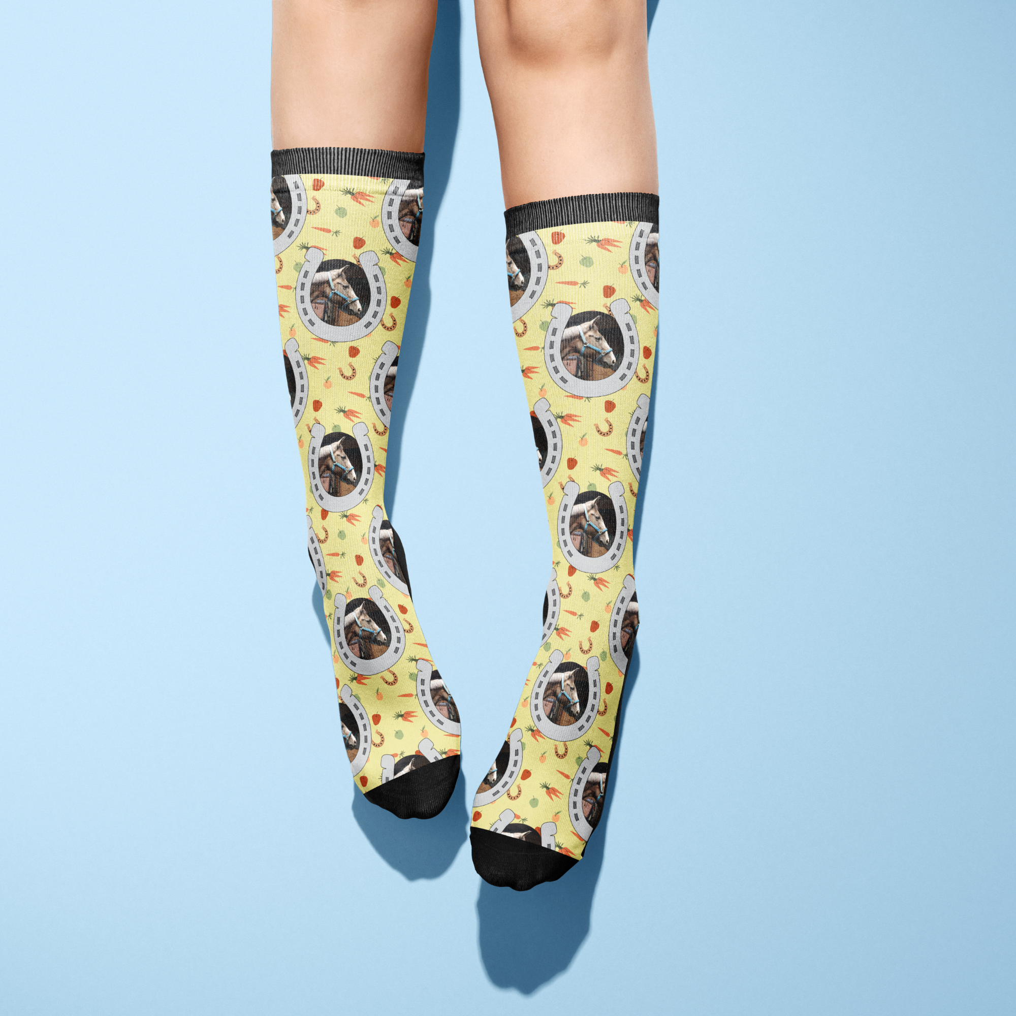 Custom horseshoe patterned knee-high socks featuring personalized photos on yellow background