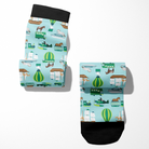 Limited Edition Pony Island Pony Transport Socks with colorful pony and transport vehicle patterns on light blue background