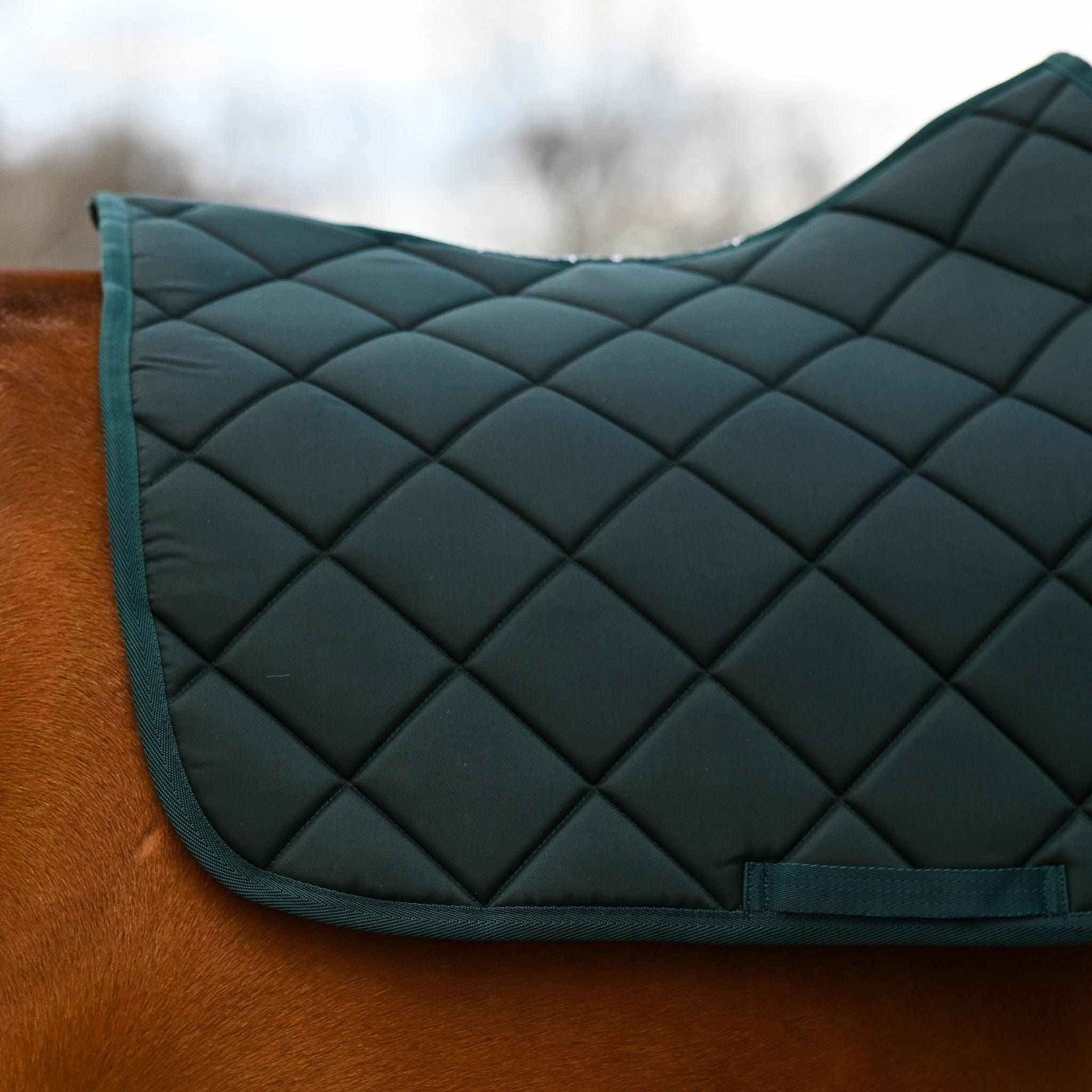 Hunter green quilted saddle pad for equestrian manifesting money bundle on horse back