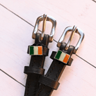 Black leather Irish spur straps with stainless steel buckle and custom ManeJane charm