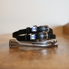 Black leather Israel Flag Spur Straps with stainless steel buckle and custom charm