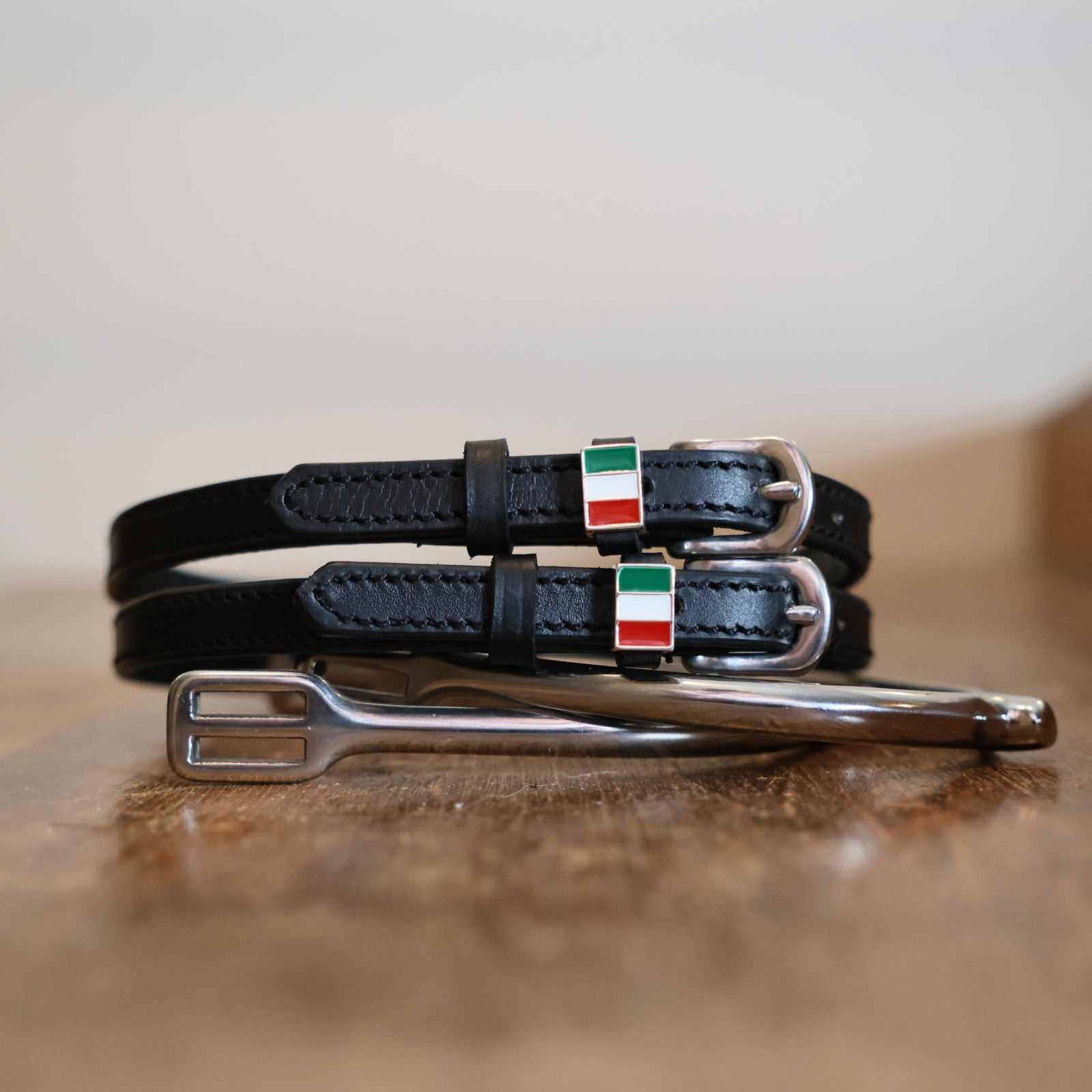 Black leather Italy flag spur straps with stainless steel buckle and custom charm