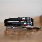 Black leather Italy flag spur straps with stainless steel buckle and custom charm