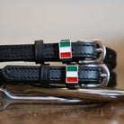 Black leather Italy Flag Spur Straps with stainless steel buckle and custom charm