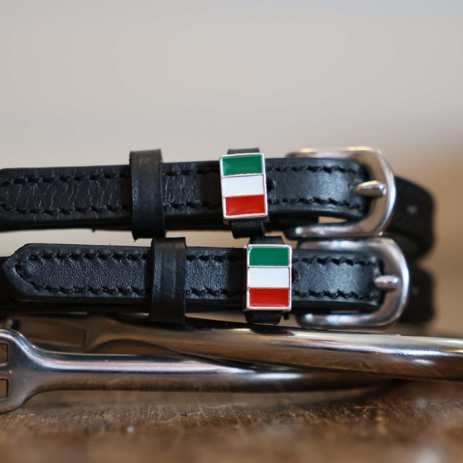Black leather Italy Flag Spur Straps with stainless steel buckle and custom charm