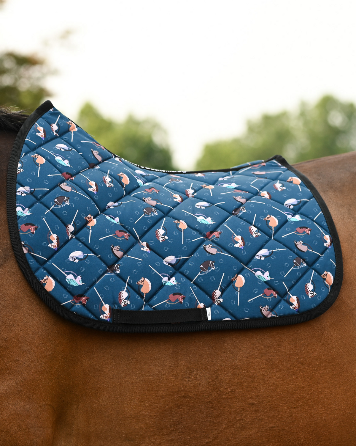 Dark teal It's Not a Hobby pad with pastel hobby horses and horseshoe outlines, no saddle, outdoors