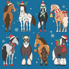 Holiday-themed boot socks with festive horses wearing scarves, hats, and decorations on a blue background
