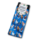 Holiday-themed blue boot socks with colorful horse patterns and black cuff, comfortable and durable with flat seam toe and terry foot bottom, includes free spare sock