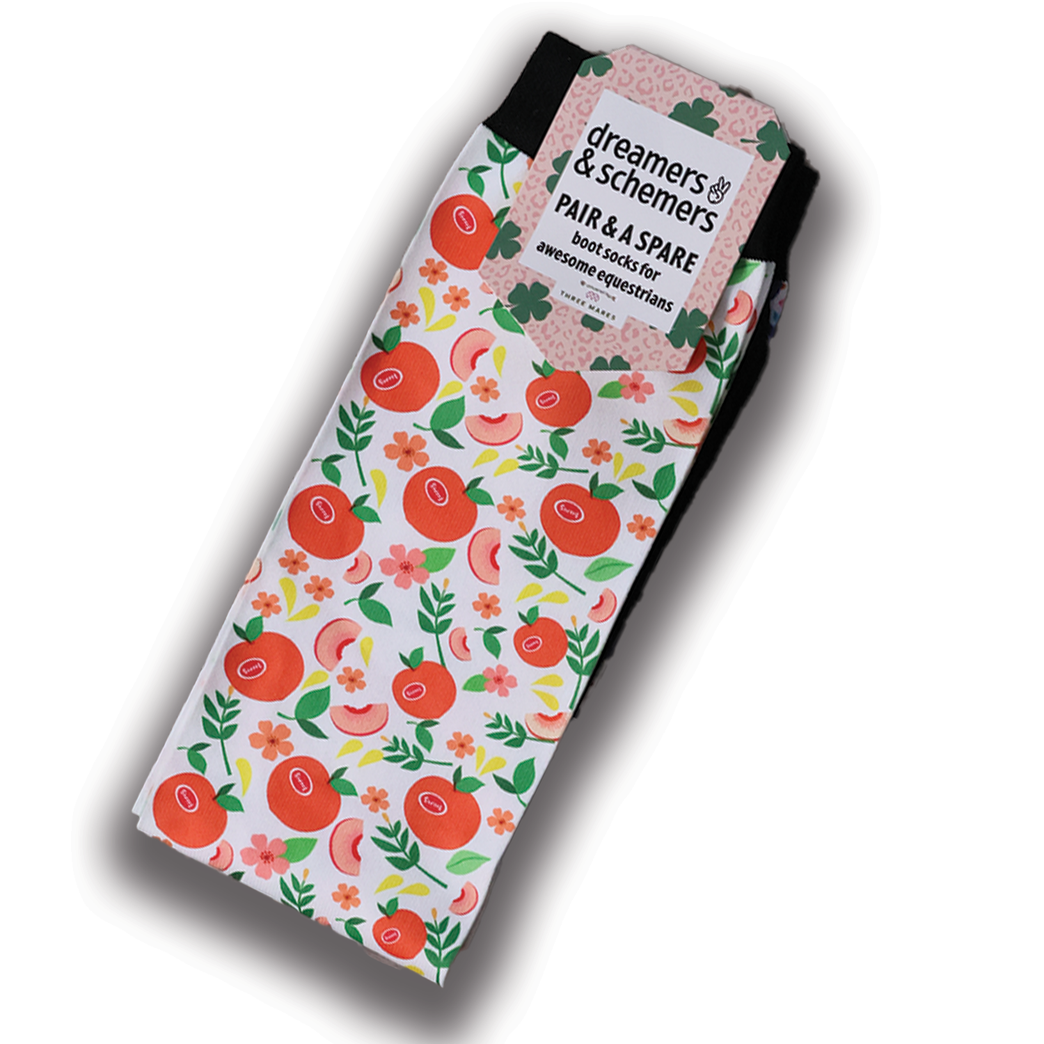 Life's a Peach Pair & a Spare equestrian boot socks with peach fruit print, by Dreamers & Schemers
