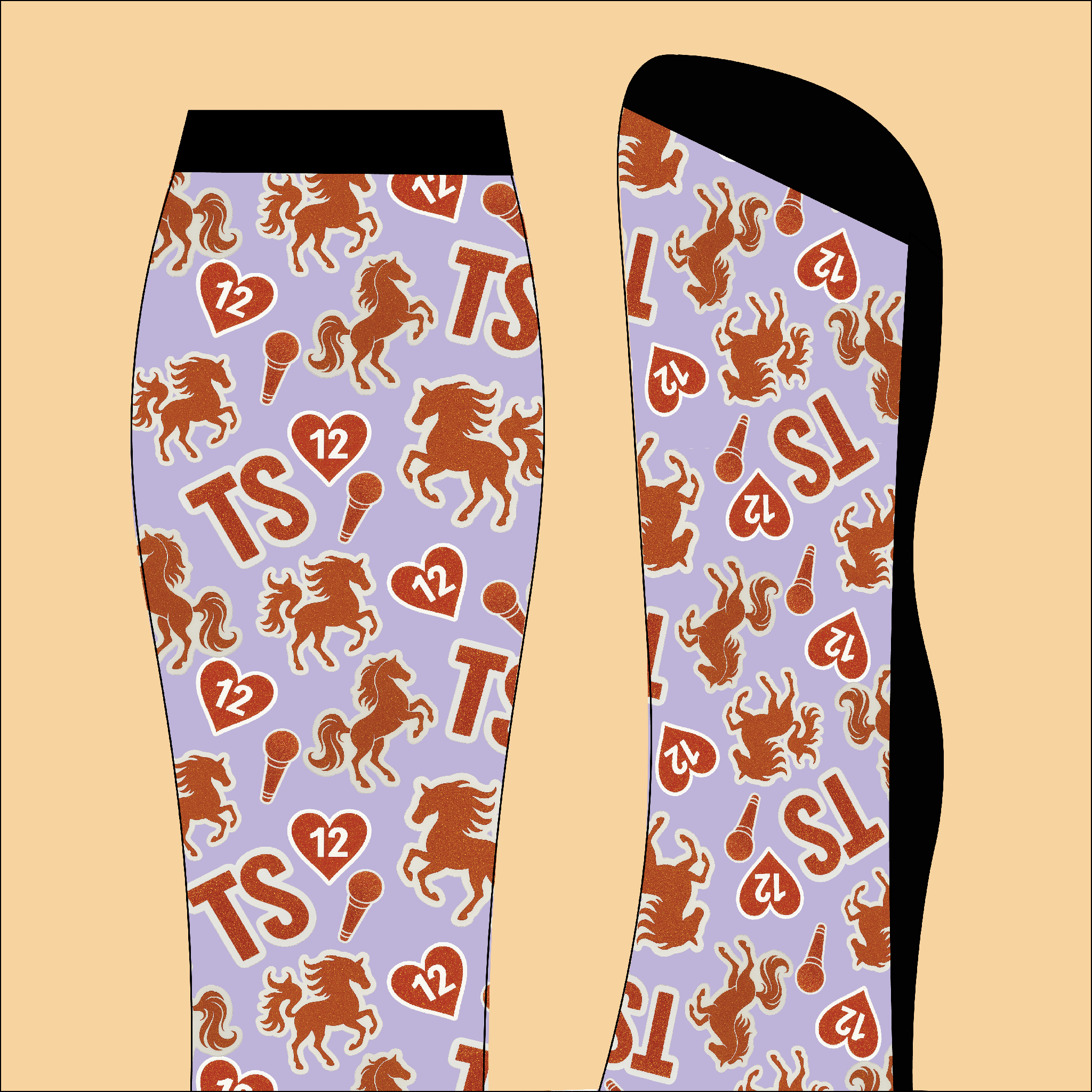 Limited edition horse showgirl boot socks with brown horse and TS pattern on lavender background