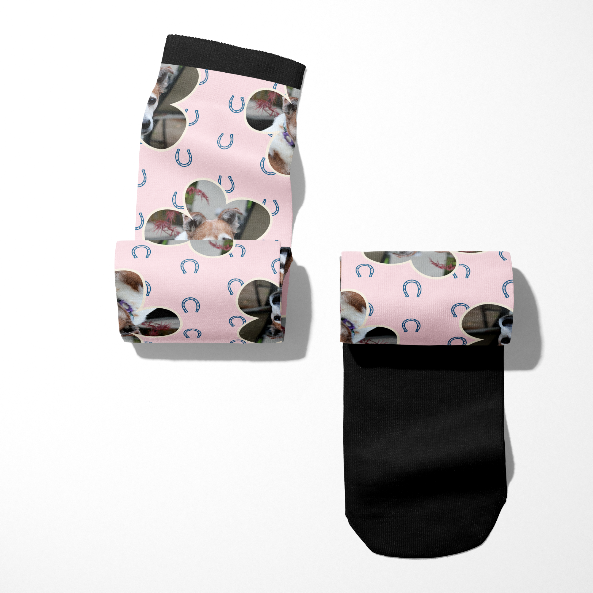 Custom Flower with Blue Horseshoes Socks featuring personalized photo and blue horseshoe pattern on pink background