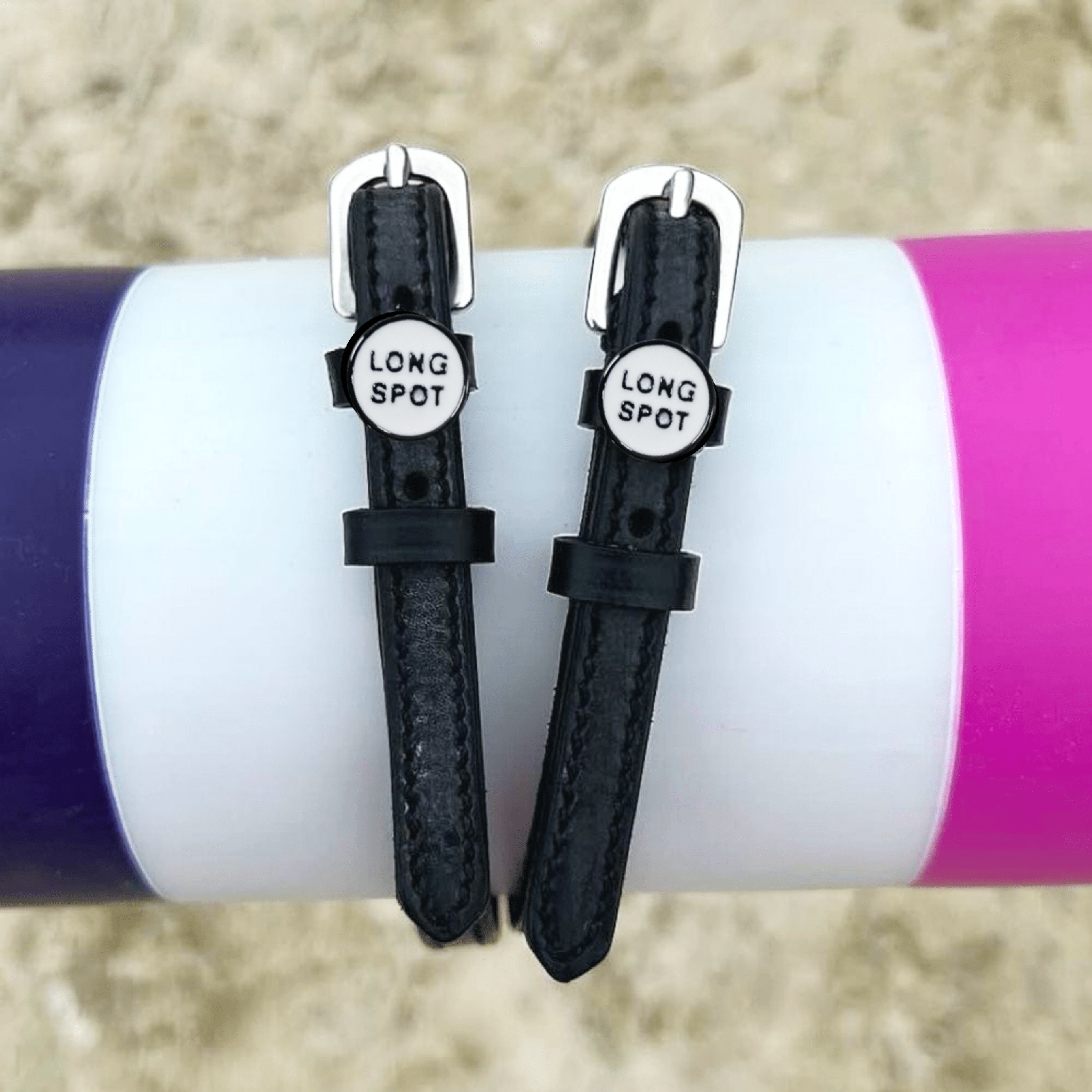 Long Spot Spur Straps ManeJane black leather spur straps with non-stretch interior and stainless steel buckle for English r.