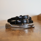 Black leather MEXico Spur Straps WS with stainless steel buckle and custom charm, 18 inches long