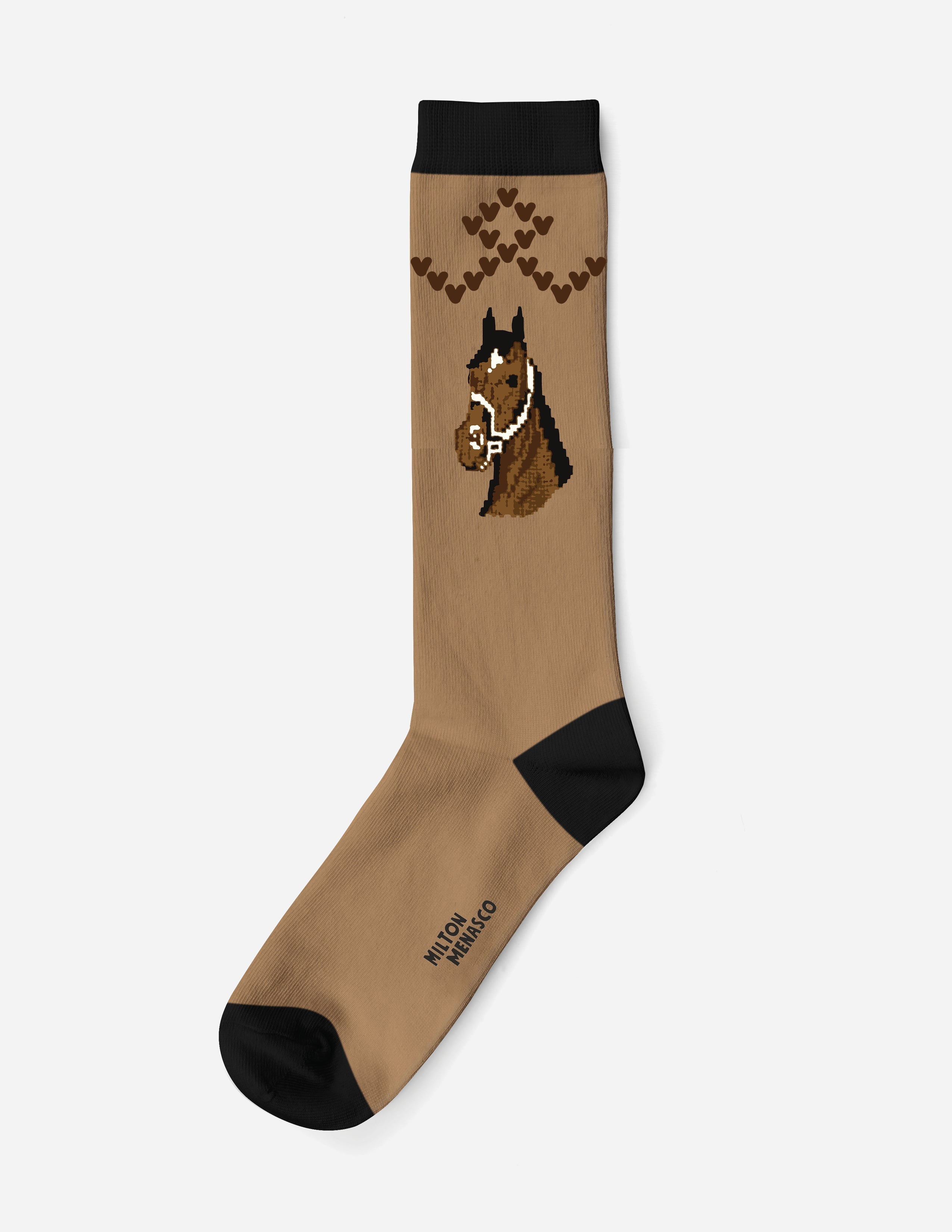Vintage Horse Knit Socks with brown horse design and black toe and cuff, tall knit boot sock by Milton Menasco x Dreamers & Schemers