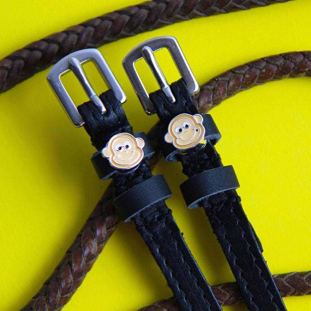Monkey Faces Spur Straps ManeJane black leather spur straps with non-stretch interior and stainless steel buckle for Englis.